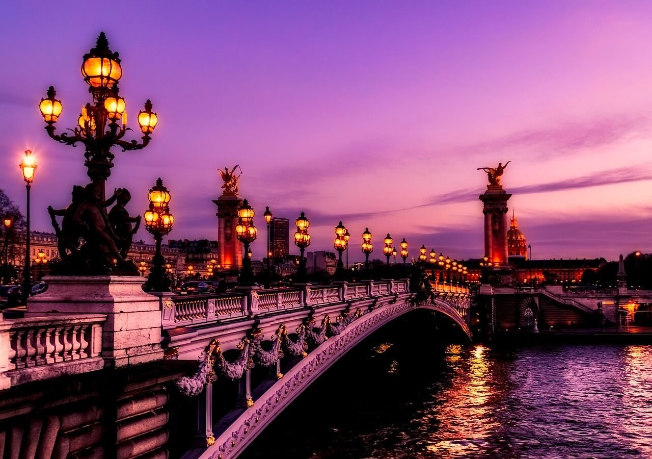 paris, france, bridge, river, water, sunset, nature, sky, monuments, lights, landmark, historic, city, urban