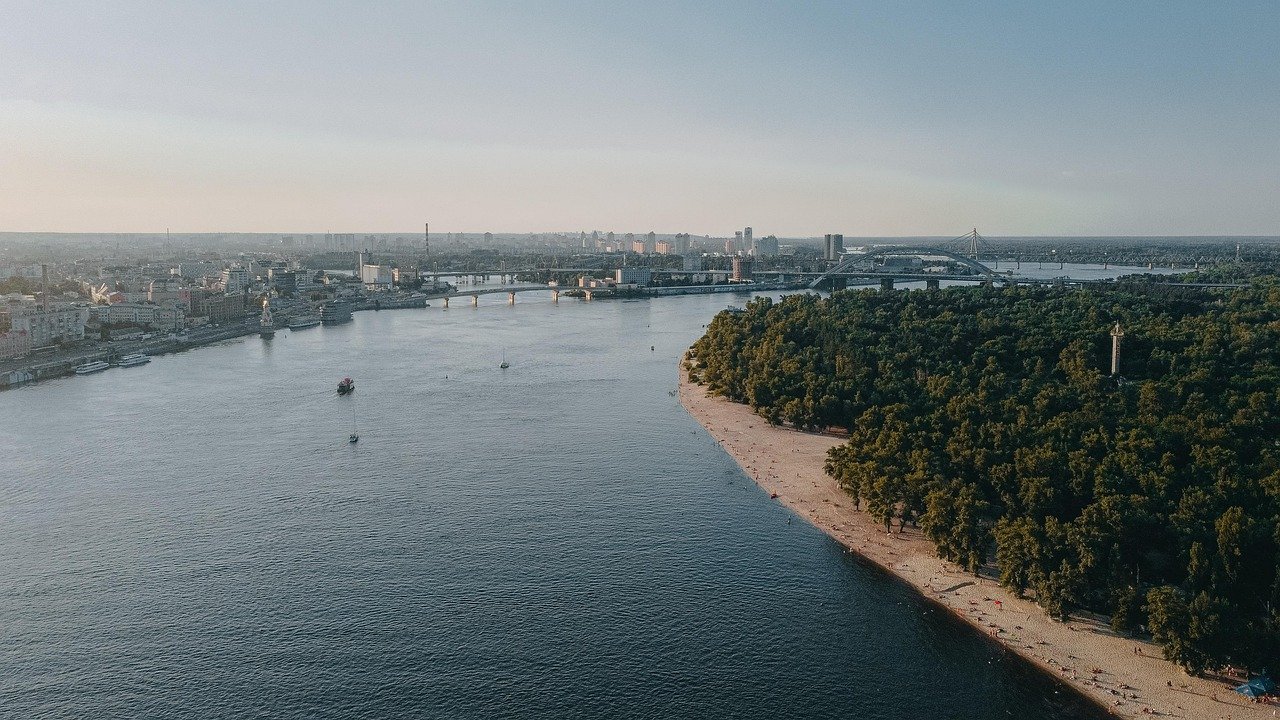 river, city, panorama, cityscape, buildings, bridge, urban, water, horizon, sky, nature, scenery, sunset, dusk, Kyiv, Kyiv city, Ukraine
