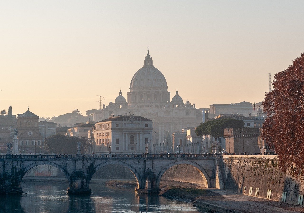 rome, sunset, bridge, dome, architecture, city, historical, nature, old