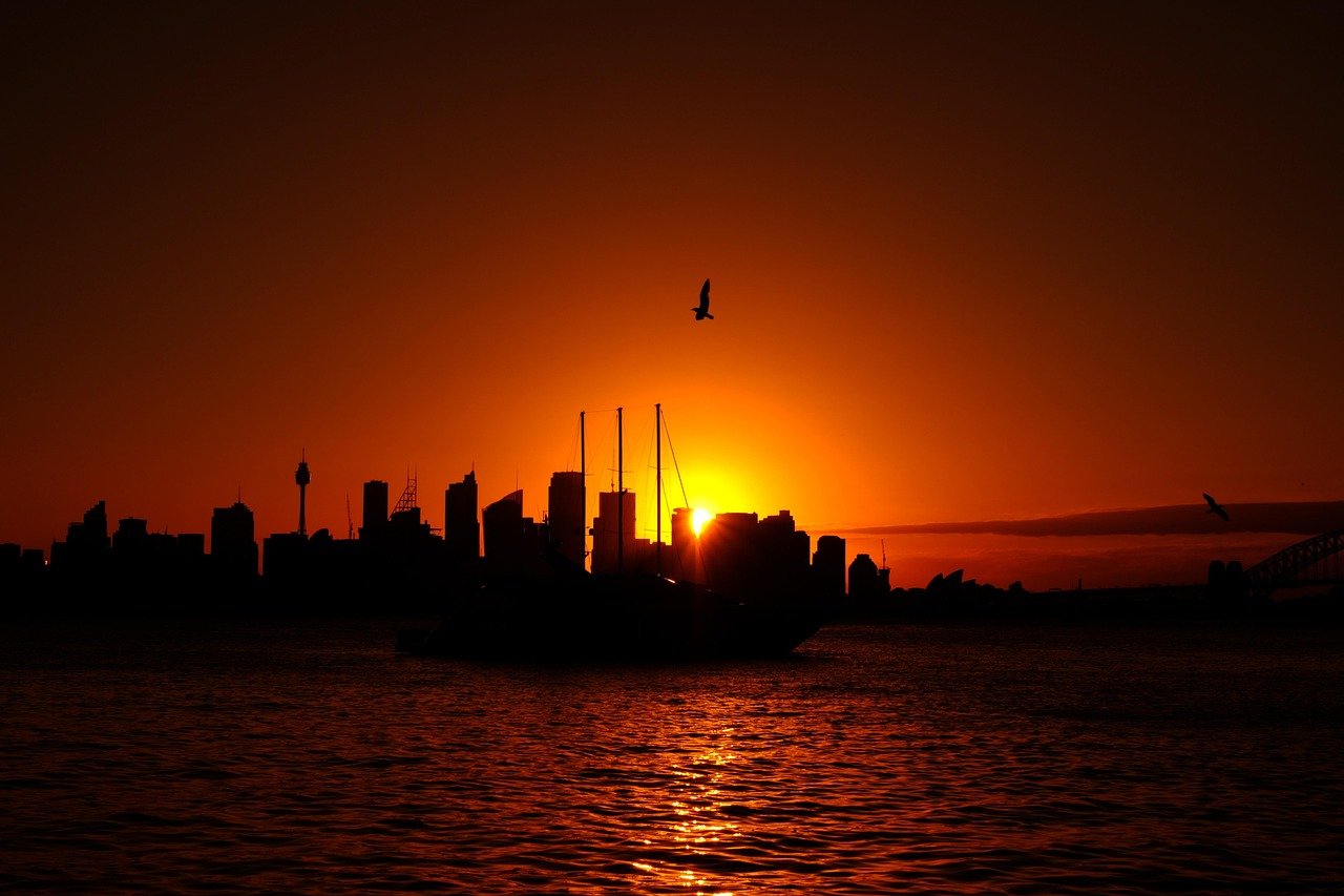 sydney, sunset, evening sun, skyline, architecture, panorama, nature, dusk, australia, sydney harbour, the port of sydney