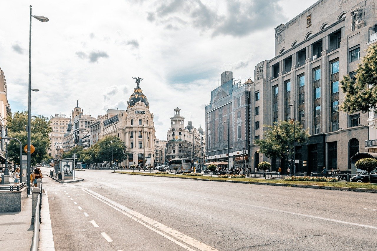 madrid, city, road, nature, sky, clouds, building, urban, capital, street, cars