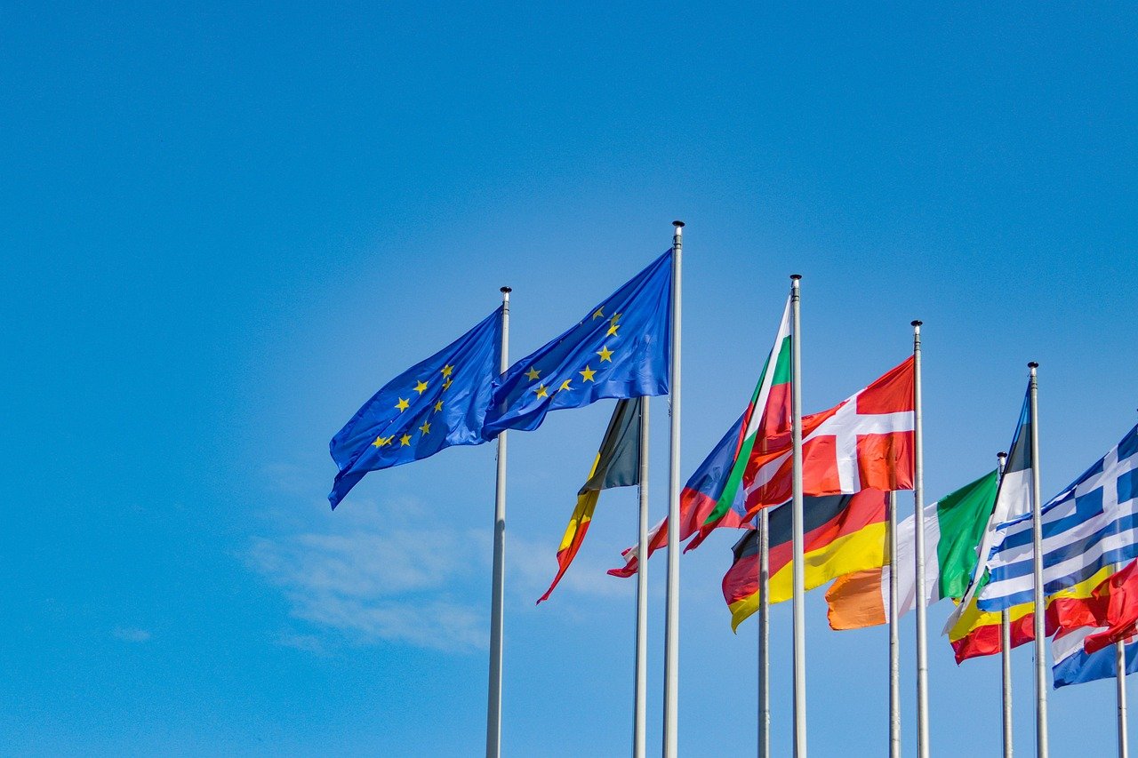 european union, european parliament, flags, flagpoles, nature, eu, countries, nations, national flags, symbol, sky