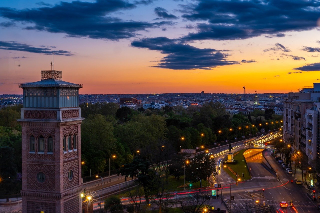 madrid, spain, city, building, heaven, monument, clouds, sunset, nature, landscape
