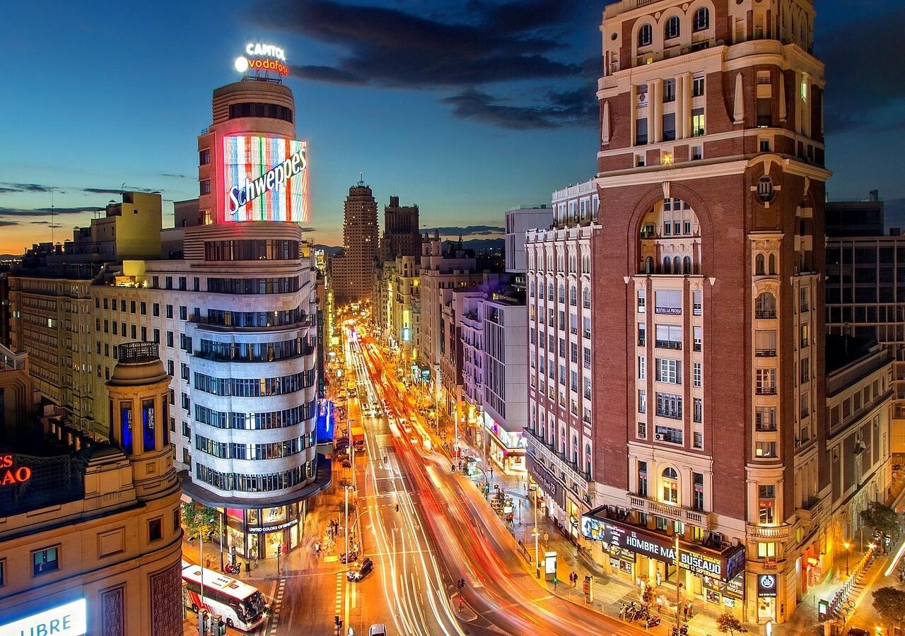 madrid, spain, road, plaza del callao, espana, españa, gran vía, city, dusk, urban, skyscraper, traffic, europe, capital city, madrid, madrid, madrid, madrid, madrid, spain, spain