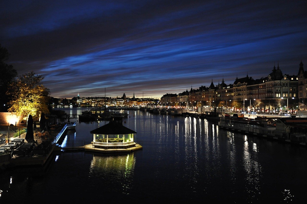 sunset, nature, channel, water, evening, stockholm